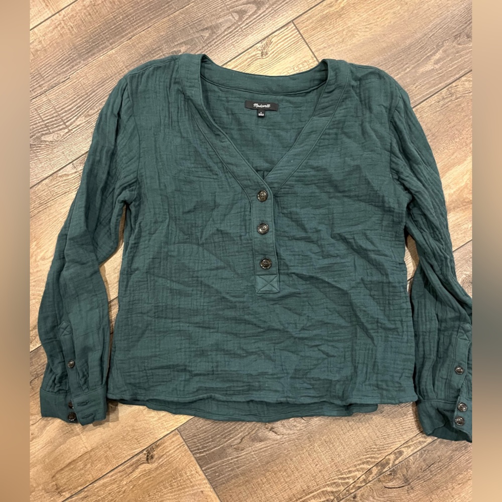 Madewell Deep Teal Button Henley Long Sleeve Top